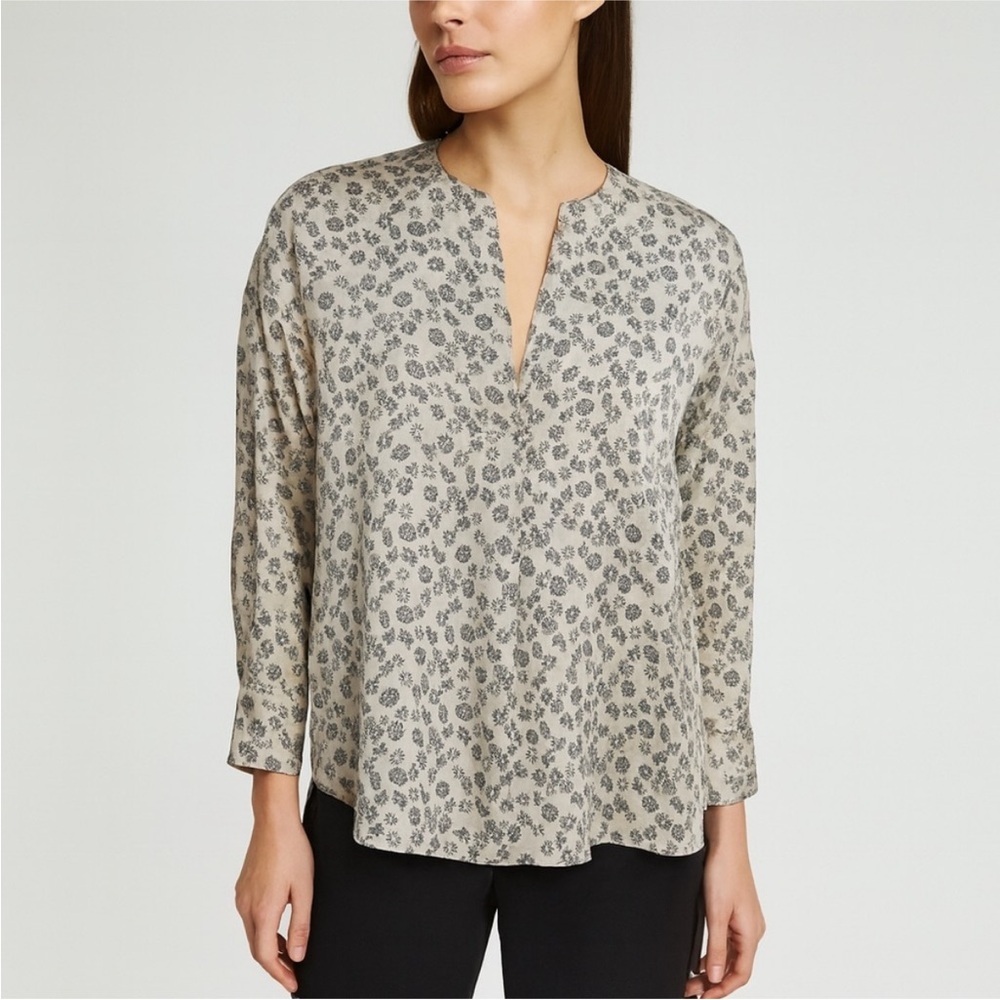 Vince Floral Designer Blouse Split Neck Top Silk Neutral Beige Black Size Small